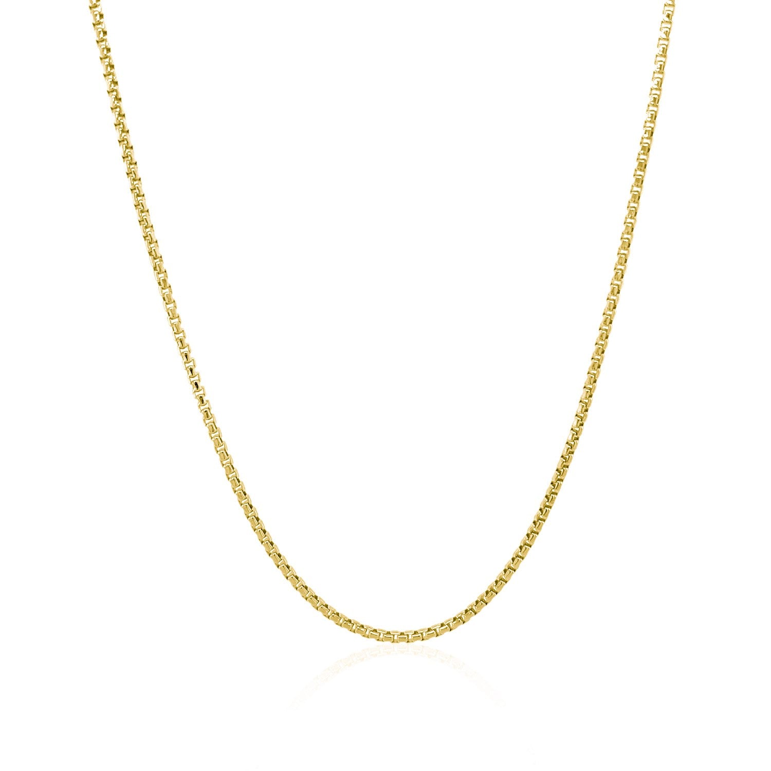 14k Yellow Gold Round Box Chain (1.3 mm) in a sleek high-contrast midnight luxury editorial style